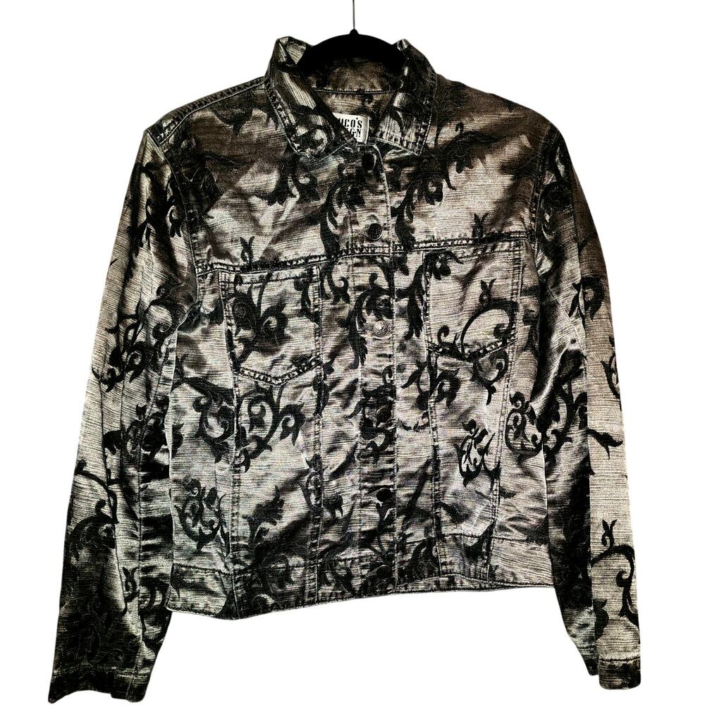 Chico's silver-gray black floral tapestry button-up jacket Size 0 XS